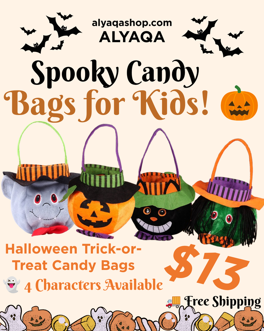 Halloween Trick-or-Treat Candy Bag for Kids – Pumpkin, Witch & Black Cat Designs
